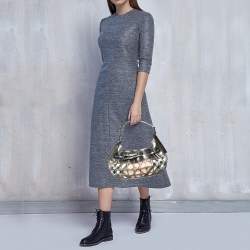 Pre Owned Burberry Metallic Grey/Beige Nova Check Coated Canvas And Patent Leather Small Warrior Hobo