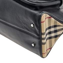 Pre Owned Burberry Black/Beige Leather And Nova Check Canvas Large Horn Toggle Tote