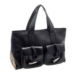 Pre Owned Burberry Black/Beige Leather And Nova Check Canvas Large Horn Toggle Tote