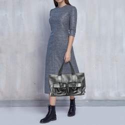 Pre Owned Burberry Black/Beige Leather And Nova Check Canvas Large Horn Toggle Tote