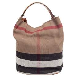 Pre Owned Burberry Beige/Brown Supernova Check Canvas And Leather Ashby Bucket Bag