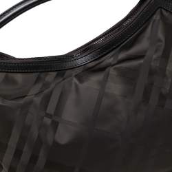 Pre Owned Burberry Dark Brown House Check Nylon and Leather Double Zip Hobo