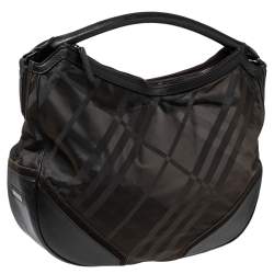 Pre Owned Burberry Dark Brown House Check Nylon and Leather Double Zip Hobo