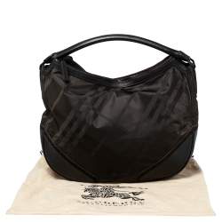 Pre Owned Burberry Dark Brown House Check Nylon and Leather Double Zip Hobo