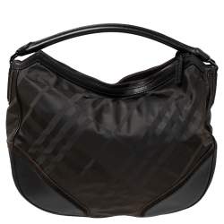 Pre Owned Burberry Dark Brown House Check Nylon and Leather Double Zip Hobo