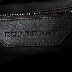 Pre Owned Burberry Dark Brown House Check Nylon and Leather Double Zip Hobo