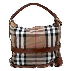 Pre Owned Burberry Brown House Check Canvas Medium Bridle Gosford Hobo