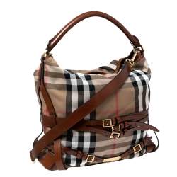 Pre Owned Burberry Brown House Check Canvas Medium Bridle Gosford Hobo