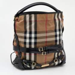 Pre Owned Burberry Beige/Black House Check Canvas and Leather Medium Bridle Gosford Hobo