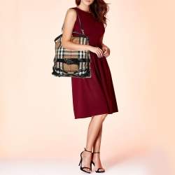 Pre Owned Burberry Beige/Black House Check Canvas and Leather Medium Bridle Gosford Hobo