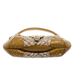 Pre Owned Burberry Apple Green Haymarket Check PVC and Leather Hackford Studded Hobo