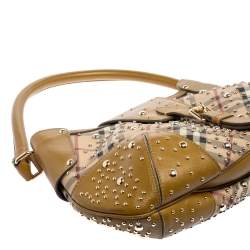 Pre Owned Burberry Apple Green Haymarket Check PVC and Leather Hackford Studded Hobo