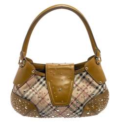 Pre Owned Burberry Apple Green Haymarket Check PVC and Leather Hackford Studded Hobo