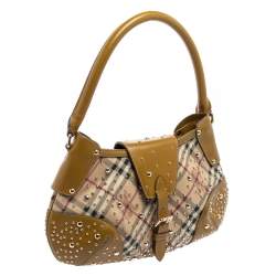 Pre Owned Burberry Apple Green Haymarket Check PVC and Leather Hackford Studded Hobo
