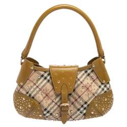Pre Owned Burberry Apple Green Haymarket Check PVC and Leather Hackford Studded Hobo