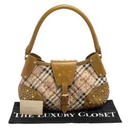 Pre Owned Burberry Apple Green Haymarket Check PVC and Leather Hackford Studded Hobo