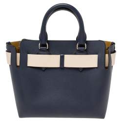 Pre Owned Burberry Navy Blue Leather Small Belt Tote