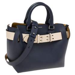 Pre Owned Burberry Navy Blue Leather Small Belt Tote