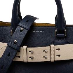 Pre Owned Burberry Navy Blue Leather Small Belt Tote