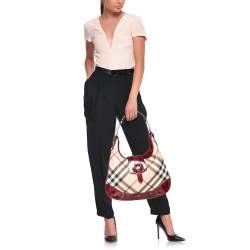 Pre Owned Burberry Red/Beige Nova Check PVC And Patent Leather Brooke Hobo