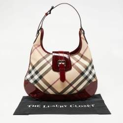Pre Owned Burberry Red/Beige Nova Check PVC And Patent Leather Brooke Hobo