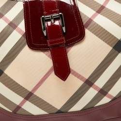 Pre Owned Burberry Red/Beige Nova Check PVC And Patent Leather Brooke Hobo