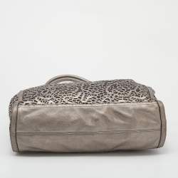 Pre Owned Burberry Metallic Taupe Laser Cut Leather and Coated Canvas Tote