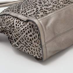 Pre Owned Burberry Metallic Taupe Laser Cut Leather and Coated Canvas Tote