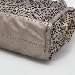 Pre Owned Burberry Metallic Taupe Laser Cut Leather and Coated Canvas Tote