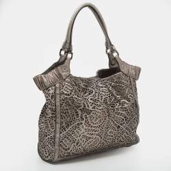 Pre Owned Burberry Metallic Taupe Laser Cut Leather and Coated Canvas Tote