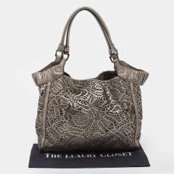 Pre Owned Burberry Metallic Taupe Laser Cut Leather and Coated Canvas Tote