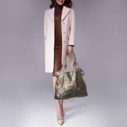 Pre Owned Burberry Metallic Taupe Laser Cut Leather and Coated Canvas Tote