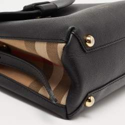 Pre Owned Burberry Black/Beige Leather And House Check Fabric Small Camberley Top Handle Bag
