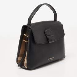 Pre Owned Burberry Black/Beige Leather And House Check Fabric Small Camberley Top Handle Bag
