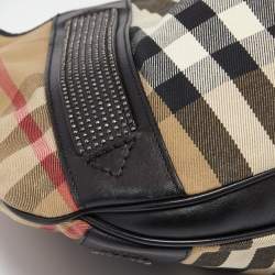 Pre Owned Burberry Black/Beige House Check Canvas and Leather Phoebe Studded Hobo