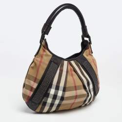 Pre Owned Burberry Black/Beige House Check Canvas and Leather Phoebe Studded Hobo