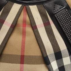 Pre Owned Burberry Black/Beige House Check Canvas and Leather Phoebe Studded Hobo
