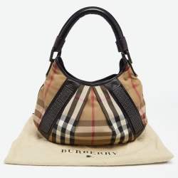 Pre Owned Burberry Black/Beige House Check Canvas and Leather Phoebe Studded Hobo