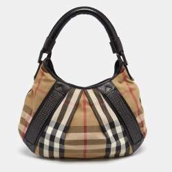 Pre Owned Burberry Black/Beige House Check Canvas and Leather Phoebe Studded Hobo