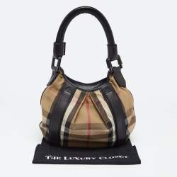 Pre Owned Burberry Black/Beige House Check Canvas and Leather Small Phoebe Hobo