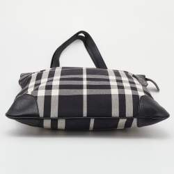 Pre Owned حقيبة يد توتس بربري ستويل جلد وكانفاس كاروهات بيت أسود/أبيض 