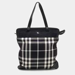 Pre Owned حقيبة يد توتس بربري ستويل جلد وكانفاس كاروهات بيت أسود/أبيض 