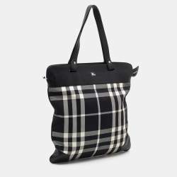 Pre Owned حقيبة يد توتس بربري ستويل جلد وكانفاس كاروهات بيت أسود/أبيض 