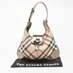 Pre Owned Burberry Metallic/Beige Nova Check PVC and Patent Leather Large Brooke Hobo