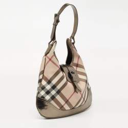 Pre Owned Burberry Metallic/Beige Nova Check PVC and Patent Leather Large Brooke Hobo