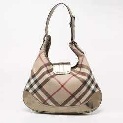 Pre Owned Burberry Metallic/Beige Nova Check PVC and Patent Leather Large Brooke Hobo