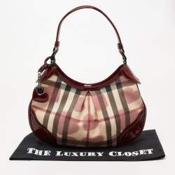 Pre Owned Burberry Red/Beige House Check Heart PVC and Patent Leather Brooklyn Hobo