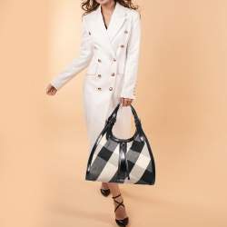 Pre Owned Burberry Black/Beige Mega Check Canvas and Leather Kensington Bag