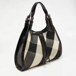 Pre Owned Burberry Black/Beige Mega Check Canvas and Leather Kensington Bag