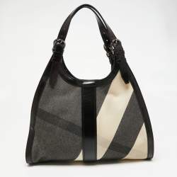 Pre Owned Burberry Black/Beige Mega Check Canvas and Leather Kensington Bag